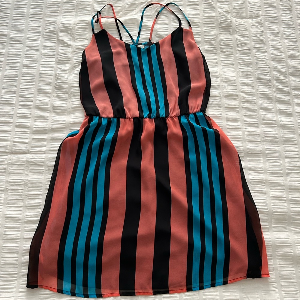 Charlotte Russe Striped Spaghetti Strap Dress — Coral, Black & Teal